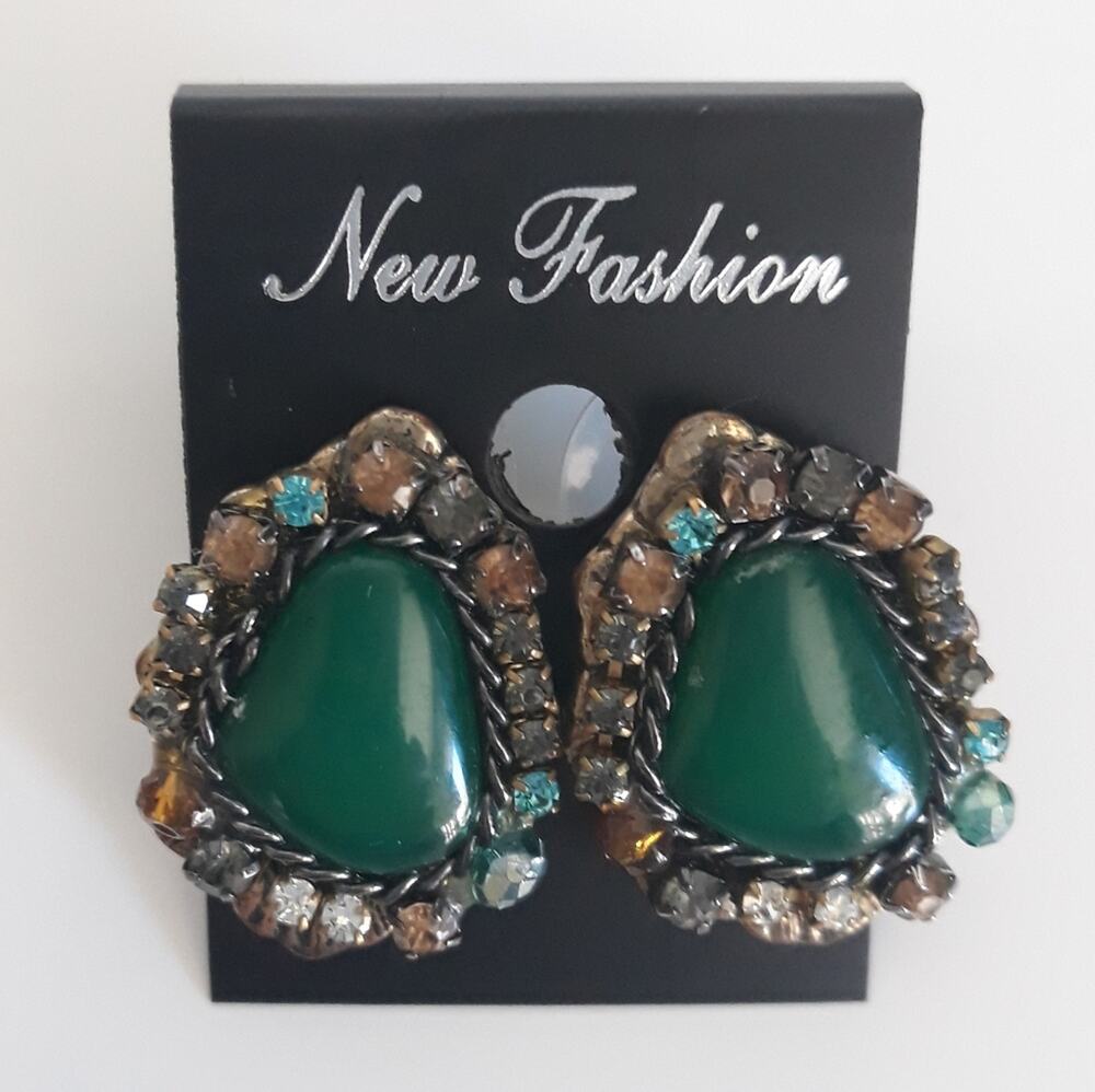Vintage Hand Crafted Green Stone Halo Earrings